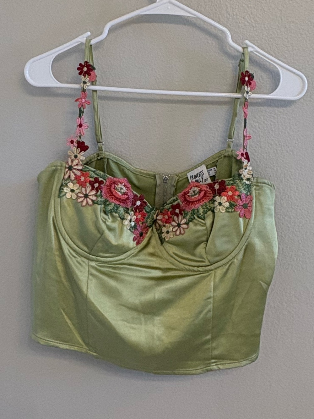 Princess Polly Green Floral Embroidered Satin Cami Top